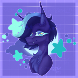 Size: 3240x3240 | Tagged: safe, artist:chazmazda, oc, oc only, oc:stargaze glow, bat, bat pony, pony, accessory, artfight, background, bat pony oc, coloured hair, cutie mark, ear piercing, earring, fangs, jewelry, looking at you, markings, piercing, shading, short hair, smiling, soft shading, teeth