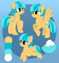 Size: 1959x2083 | Tagged: safe, artist:wildrose_, oc, oc only, oc:seashore, pegasus, pony, cutie mark, female, flying, gradient background, lying down, mare, reference sheet, short mane, solo