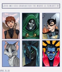 Size: 1781x2048 | Tagged: safe, artist:vilekita, queen chrysalis, cat, changeling, changeling queen, human, squirrel, g4, batgirl, bust, dc comics, doctor doom, female, grin, group, male, marvel, nightcrawler, six fanarts, smiling, squirrel girl, teeth, warrior cats