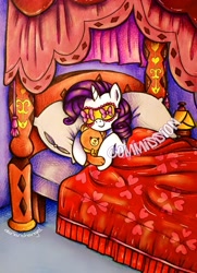 Size: 2209x3054 | Tagged: safe, artist:dariarchangel, rarity, pony, unicorn, g4, bed, bedroom, blanket, bow, c:, carousel boutique, commission, complex background, curtains, cute, daaaaaaaaaaaw, detailed background, female, hnnng, hoof hold, horn, hug, indoors, lamp, lying down, mare, obtrusive watermark, pillow, plushie, purple hair, purple mane, raribetes, rarity's bedroom, sleep mask, sleeping, smiling, solo, sweet dreams fuel, teddy bear, toy, traditional art, under blanket, watermark, weapons-grade cute, white coat