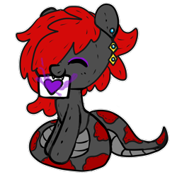 Size: 1500x1500 | Tagged: safe, alternate version, artist:anykoe, oc, oc:anguis flake, lamia, original species, blushing, commission, cute, ear piercing, earring, eyes closed, eyeshadow, female, heart, jewelry, makeup, nightmare anguis, piercing, plushie, poison, red mane, sign, simple background, sitting, solo, transparent background, ych result, your character here