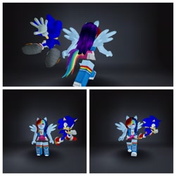 Size: 1920x1920 | Tagged: safe, rainbow dash, hedgehog, human, mobian, equestria girls, g4, 3d, clothes, crossover, duo, duo male and female, female, game screencap, gloves, gradient background, male, roblox, shirt, shoes, skirt, socks, sonic the hedgehog, sonic the hedgehog (series), spread wings, wings