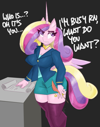 Size: 3500x4411 | Tagged: safe, artist:flutterthrash, princess cadance, alicorn, anthro, g4, annoyed, big breasts, black background, breasts, busty princess cadance, cleavage, clothes, dialogue, equestria girls outfit, eye clipping through hair, eyebrows, eyebrows visible through hair, female, frown, furrowed brow, high res, mare, milf, perky breasts, quill, simple background, skirt, socks, solo, stockings, teacher, thigh highs