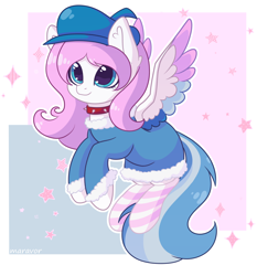 Size: 1400x1500 | Tagged: safe, artist:maravor, oc, oc:miley, pegasus, pony, clothes, colored wings, female, hat, mare, multicolored wings, solo, wings