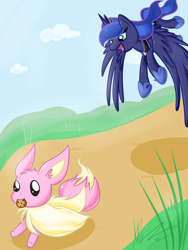 Size: 1600x2133 | Tagged: safe, artist:kitsunenight, princess luna, eevee, pony, g4, cookie, food, mouth hold, pokémon