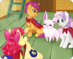 Size: 896x727 | Tagged: safe, artist:fuzzetch, apple bloom, scootaloo, sweetie belle, eevee, pony, g4, cape, clothes, cmc cape, cutie mark crusaders, pokémon