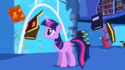 Size: 1920x1080 | Tagged: safe, screencap, twilight sparkle, pony, unicorn, friendship is magic, g4, my little pony: friendship is magic, book, bookshelf, female, horn, levitation, magic, mare, solo, telekinesis, twilight's canterlot home, unicorn twilight, window