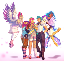 Size: 1872x1774 | Tagged: safe, artist:kutapikakun, hitch trailblazer, izzy moonbow, misty brightdawn, pipp petals, sunny starscout, zipp storm, human, g5, alternate hairstyle, bag, band-aid, bandage, belt, boots, bow, bra, bra strap, bracelet, choker, clothes, commission, converse, dark skin, denim, diverse body types, ear piercing, earring, emo, eyebrow piercing, female, fingerless gloves, fishnet clothing, fishnet stockings, flats, flying, freckles, gloves, goth, grin, grunge, gyaru, hair bow, hairband, high heels, hoodie, hug, humanized, jeans, jewelry, kinderwhore, leg warmers, levitation, magic, male, mane five, mane six (g5), military goth, nail polish, one eye closed, overalls, palindrome get, pants, pastel, pastel grunge, physique difference, piercing, platform heels, punk, ripped jeans, ripped pants, royal sisters (g5), scene kid, shirt, shoes, shorts, siblings, simple background, sisters, skinny pipp, skirt, smiling, socks, spiked choker, stockings, striped socks, subculture, sweater, t-shirt, telekinesis, thigh boots, thigh highs, torn clothes, underwear, wall of tags, white background, winged humanization, wings, wink