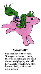 Size: 550x1000 | Tagged: safe, seashell (g1), earth pony, pony, g1, my little pony fact file, official, adorashell, bow, closed mouth, coat markings, cute, facial markings, female, g1 backstory, jumping, mare, open mouth, open smile, raised hoof, smiling, solo, star (coat marking), tail, tail bow, trademark