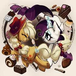 Size: 2153x2153 | Tagged: safe, artist:brainr0tter, applejack, rarity, earth pony, pony, unicorn, g4, cake, candy, chocolate bar, duo, duo female, eating, eyes closed, female, flan, food, fork, glowing, glowing horn, heart, heart background, high res, horn, lesbian, mare, pudding, puffy cheeks, ship:rarijack, shipping