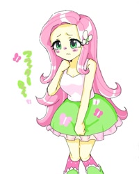 Size: 898x1125 | Tagged: safe, artist:ekurea_1, fluttershy, human, equestria girls, g4, blushing, boots, butterfly hairpin, clothes, female, japanese, knees pressed together, nose blush, shoes, simple background, skirt, solo, tank top, wavy mouth, white background