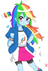 Size: 941x1375 | Tagged: safe, artist:ekurea_1, rainbow dash, human, equestria girls, g4, :<, blushing, clothes, compression shorts, cutie mark on clothes, eye clipping through hair, female, hand on hip, jacket, looking at you, simple background, skirt, solo, white background