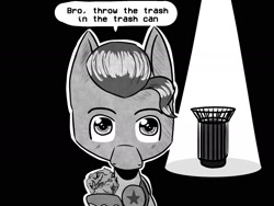 Size: 2000x1500 | Tagged: safe, artist:cloud artist, hitch trailblazer, earth pony, pony, g5, dialogue, grayscale, littering, looking at you, male, monochrome, solo, stallion, trash can