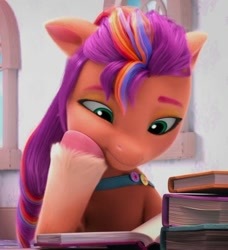 Size: 720x791 | Tagged: safe, screencap, sunny starscout, earth pony, pony, g5, my little pony: make your mark, spoiler:g5, book, cropped, episode needed, female, hoof on cheek, indoors, mane stripe sunny, mare, reading, sitting, solo