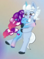 Size: 1500x2000 | Tagged: safe, artist:cloud artist, alphabittle blossomforth, misty brightdawn, pony, unicorn, g5, duo, duo male and female, eyes closed, father and child, father and daughter, female, gradient background, horn, hug, male, mare, rebirth misty