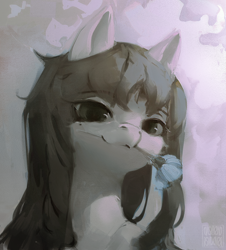 Size: 1808x2000 | Tagged: safe, artist:rvsd, oc, oc only, pony, bust, female, flower, flower in mouth, mare, mouth hold, portrait, smiling, solo