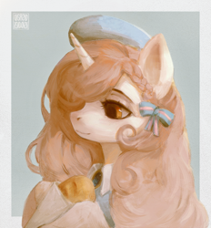 Size: 2000x2152 | Tagged: safe, artist:rvsd, oc, oc only, pony, unicorn, bow, bread, bust, clothes, female, food, hat, high res, holding, horn, mare, smiling, solo