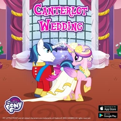 Size: 1080x1080 | Tagged: safe, gameloft, princess cadance, shining armor, alicorn, unicorn, a canterlot wedding, g4, my little pony: friendship is magic, 2025, clothes, dress, female, hoof shoes, horn, horn ring, looking at each other, looking at someone, male, my little pony logo, princess shoes, ring, ship:shiningcadance, shipping, straight, veil, wedding dress, wedding veil