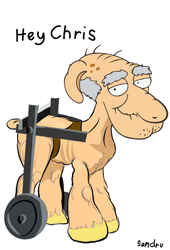 Size: 1010x1484 | Tagged: safe, artist:samueldavillo, earth pony, family guy, herbert, jesus christ how horrifying, kill it with fire, looking at you, older, rule 85, solo, wheelchair