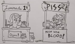 Size: 2048x1222 | Tagged: safe, artist:jargon scott, oc, oc only, oc:dyx, oc:nyx, alicorn, pony, duo, duo female, fangs, female, filly, foal, frown, grayscale, grin, hooves behind head, juice, lemonade, lemonade stand, mare, monochrome, nyxruary, pen drawing, shit eating grin, sign, smiling, sunglasses, text, traditional art