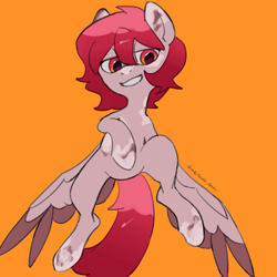 Size: 4096x4096 | Tagged: safe, artist:metaruscarlet, oc, oc only, oc:metaru scarlet, pegasus, pony, grin, lying down, pegasus oc, ponysona, simple background, smiling, solo, spotted, spread wings, wings, yellow background