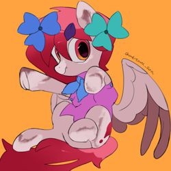 Size: 4096x4096 | Tagged: safe, artist:metaruscarlet, oc, oc only, oc:metaru scarlet, pegasus, pony, clothes, flower, flower in hair, leaves, leaves in hair, pegasus oc, ponysona, raised hoof, simple background, sitting, solo, spotted, spread wings, wings, yellow background