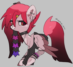 Size: 4096x3808 | Tagged: safe, artist:metaruscarlet, oc, oc only, oc:metaru scarlet, pegasus, pony, accessory, anklet, clothes, collar, ear piercing, emo, gray background, hair extensions, hairpin, jewelry, lip piercing, makeup, nose piercing, pegasus oc, piercing, ponysona, simple background, solo, spotted, wings