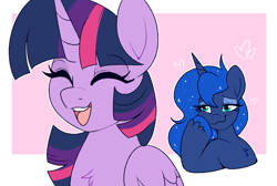 Size: 834x559 | Tagged: safe, artist:lulubell, princess luna, twilight sparkle, g4, female, in love, laughing, lesbian, ship:twiluna, shipping