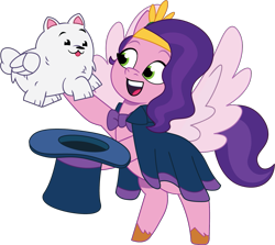 Size: 1313x1171 | Tagged: safe, artist:prixy05, cloudpuff, pipp petals, dog, flying pomeranian, pegasus, pomeranian, pony, g5, my little pony: tell your tale, adorapipp, cute, duo, female, happy, jewelry, magician outfit, male, mare, simple background, spread wings, tiara, tongue out, transparent background, vector, winged dog, wings