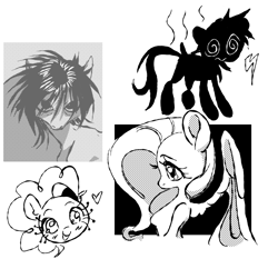 Size: 888x860 | Tagged: safe, artist:azaani, derpy hooves, fluttershy, pinkie pie, earth pony, pegasus, pony, g4, black and white, death note, female, grayscale, heart, l, looking at you, male, mare, monochrome, ponified, smiling, smiling at you, stallion