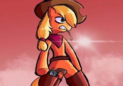 Size: 2360x1640 | Tagged: safe, artist:lemomew, applejack, earth pony, pony, applejack and rarity leave ponyville, g4, bandana, gun, handgun, holster, revolver, solo, straw in mouth