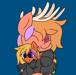 Size: 3024x2980 | Tagged: safe, artist:derpyalex2, oc, oc only, oc:corona lionheart, oc:sora bloom, deer, hippogriff, blue background, digital art, freckles, griffon oc, hug, plushie, simple background