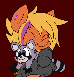 Size: 2559x2665 | Tagged: safe, artist:derpyalex2, oc, oc only, oc:corona lionheart, commission, digital art, hug, plushie, rambley raccoon, red background, simple background, solo, ych result