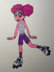 Size: 3024x4032 | Tagged: safe, artist:dylanwayneburk, pinkie pie, human, equestria girls, g4, my little pony: friendship is magic, scare master, season 5, afro puffs, alternate hairstyle, costume, female, halloween, halloween costume, holiday, nightmare night costume, pinkie puffs, roller skates, simple background, skates, solo, traditional art