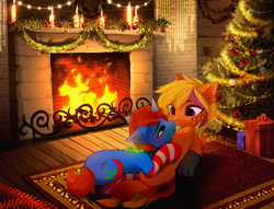 Size: 4506x3447 | Tagged: safe, alternate character, alternate version, artist:empress-twilight, oc, oc only, oc:corona lionheart, oc:cyberpon3, hippogriff, pony, unicorn, blushing, boop, candle, christmas, christmas tree, clothes, commission, cuddling, detailed background, duo, duo male and female, ear piercing, eye clipping through hair, eyebrows, eyebrows visible through hair, facial markings, female, fireplace, folded wings, green eyes, hearth's warming, hearth's warming eve, high res, hippogriff oc, holiday, hooves, horn, indoors, looking at each other, looking at someone, lying down, male, male oc, noseboop, oc x oc, on back, piercing, present, profile, prone, rug, scarf, shiny mane, shiny tail, shipping, smiling, smiling at each other, socks, stallion, stallion oc, striped scarf, striped socks, tail, thigh highs, three quarter view, tree, unicorn oc, unshorn fetlocks, wings, wreath, ych result