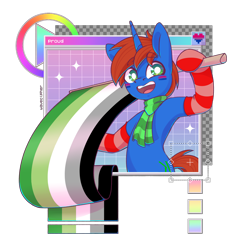 Size: 2328x2403 | Tagged: safe, alternate character, alternate version, artist:wavecipher, part of a set, oc, oc only, oc:cyberpon3, pony, unicorn, aromantic pride flag, bisexual pride flag, clothes, commission, eyebrows, eyebrows visible through hair, grid, horn, looking at you, male, open mouth, pride, pride flag, simple background, smiling, smiling at you, socks, solo, sparkles, stallion, striped socks, transparent background, ych result