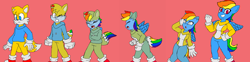 Size: 3860x960 | Tagged: safe, artist:klonoahedgehog, rainbow dash, fox, pegasus, anthro, g4, character to character, clothes, female, male, miles "tails" prower, simple background, sonic the hedgehog (series), transformation, transformation sequence, transgender transformation