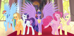 Size: 4801x2379 | Tagged: safe, artist:cp-the-hunter, applejack, fluttershy, pinkie pie, rainbow dash, rarity, twilight sparkle, alicorn, earth pony, pegasus, pony, unicorn, g4, female, group, high res, horn, mane six, mare, sextet, spread wings, tall, twilight sparkle (alicorn), what if, wings