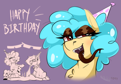 Size: 3001x2087 | Tagged: safe, artist:allicoot, oc, oc only, oc:allicoot, oc:cream brule, earth pony, hybrid, pony, succubus, zebra, birthday, food, gift art, hat, long tongue, meat, party hat, photo, tongue out