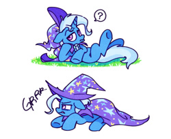 Size: 620x506 | Tagged: safe, artist:driftwoodpony, trixie, pony, unicorn, g4, 2 panel comic, bored, cape, clothes, comic, female, frustrated, grass, grrr, hat, head on hoof, horn, lying down, mane, mare, question mark, simple background, solo, tail, trixie's cape, trixie's hat, white background