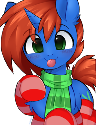 Size: 1000x1300 | Tagged: safe, artist:stablegrass, oc, oc only, oc:cyberpon3, pony, unicorn, :p, blushing, chest fluff, clothes, eyebrows, eyebrows visible through hair, horn, male, scarf, simple background, socks, stallion, striped scarf, striped socks, tongue out, white background