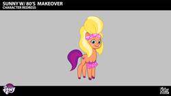 Size: 2844x1602 | Tagged: safe, lil critter workshop, sunny starscout, earth pony, pony, g5, my little pony: tell your tale, pipp-sync battle, spoiler:g5, spoiler:my little pony: tell your tale, spoiler:tyts02e34, .ai available, .psd available, 80s sunny starscout, alternate hairstyle, clothes, concept art, detached sleeves, female, long mane, mare, my little pony logo, slender, solo, thin, vector