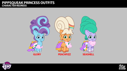 Size: 2844x1602 | Tagged: safe, lil critter workshop, glory (g5), peach fizz, seashell (g5), earth pony, pegasus, pony, unicorn, g5, my little pony: tell your tale, pipp-sync battle, leak, spoiler:g5, spoiler:my little pony: tell your tale, spoiler:tyts02e34, .ai available, .psd available, alternate hairstyle, concept art, female, horn, long mane, my little pony logo, pippsqueak trio, trio, trio female, vector