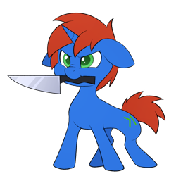 Size: 600x600 | Tagged: safe, artist:scarlet-spectrum, oc, oc only, oc:cyberpon3, pony, unicorn, angry, commission, ears back, floppy ears, horn, knife, male, mouth hold, nose wrinkle, simple background, solo, stallion, transparent background, ych result