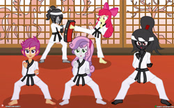 Size: 5000x3090 | Tagged: safe, artist:dieart77, apple bloom, scootaloo, sweetie belle, oc, oc:ebony darkness, oc:shadow dancer, equestria girls, g4, black belt, clothes, gi, headband, karate, karate class, kick bag, kicking, stance