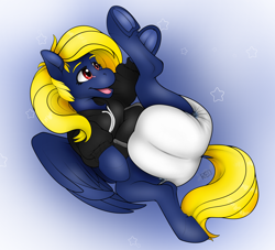 Size: 1764x1603 | Tagged: safe, artist:padded_red_dragon, oc, oc:naveen numbers, pegasus, pony, blonde, blonde hair, blonde mane, blonde tail, clothes, cute, diaper, diaper butt, diaper fetish, diapered, digital art, female, fetish, hoodie, lying down, mane, mare, non-baby in diaper, on back, pegasus oc, pegasus wings, poofy diaper, tail, white diaper, wings