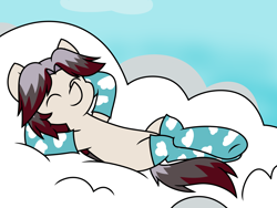 Size: 2756x2067 | Tagged: safe, artist:derpyalex2, oc, oc only, oc:cirrus crimson, pegasus, pony, clothes, cloud, digital art, lying down, on back, sky, socks, solo