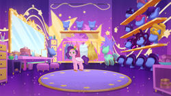 Size: 3840x2160 | Tagged: safe, lil critter workshop, pipp petals, pony, g5, my little pony: tell your tale, pipp-sync battle, leak, spoiler:g5, spoiler:my little pony: tell your tale, spoiler:tyts02e34, 4k, backstage, boardtrot, concept art, female, high res, mannequin, mare, pony for scale, solo, stars