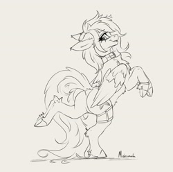 Size: 3476x3452 | Tagged: safe, artist:miokomata, oc, oc only, oc:lunylin, pegasus, pony, bipedal, butt, collar, female, fetlock tuft, grayscale, hock fluff, mare, monochrome, plot, signature, simple background, solo, standing, standing on one leg, white background