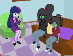 Size: 4000x3090 | Tagged: safe, artist:dieart77, twilight sparkle, oc, oc:ebony darkness, oc:shadow dancer, equestria girls, g4, business suit, clothes, commission, couch, hypnosis, hypnotherapy, hypnotist, hypnotized, pocket watch